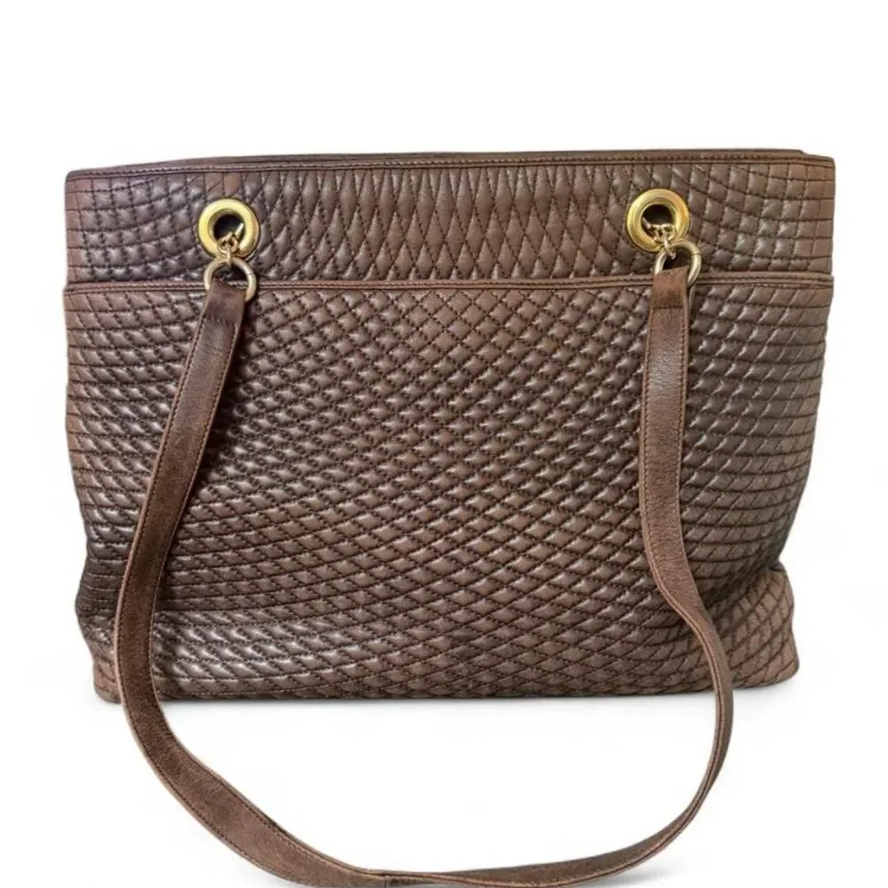 Bally Brown Quilted Leather Chain Shoulder Tote Bag Gold Hardware Large